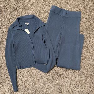 Blue Ribbed Knit Set - Women’s Pants & Cardigan